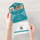 Blauwgroen gouden bloemen monogram bruiloft all in one uitnodiging (Afscheurbaar)