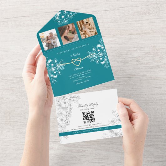 Blauwgroen gouden bloemen monogram bruiloft all in one uitnodiging (Afscheurbaar)