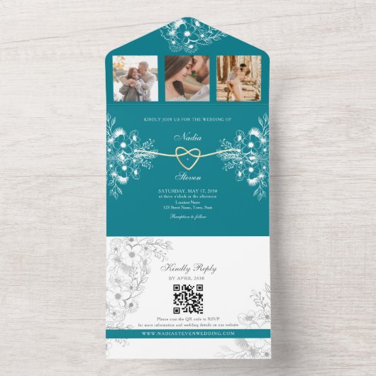 Blauwgroen gouden bloemen monogram bruiloft all in one uitnodiging (Binnen)