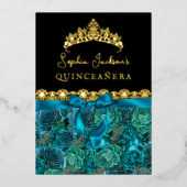 Blauwgroen Gouden Bloemen Roos Quinceanera Folie Uitnodiging (Voorkant)
