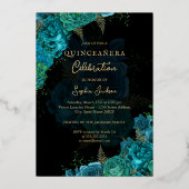 Blauwgroen Gouden Bloemen Roos Quinceanera Folie Uitnodiging (Achterkant)