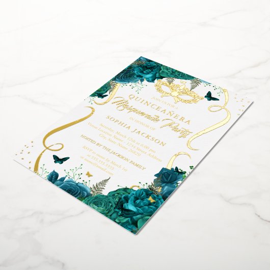 Blauwgroen Gouden Bloemen Scroll Masquerade Quince Folie Uitnodiging (Gedraaid)