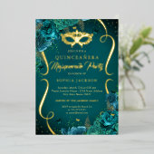Blauwgroen Gouden Bloemen Scroll Masquerade Quince Folie Uitnodiging (Staand Voorkant)