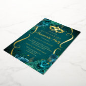 Blauwgroen Gouden Bloemen Scroll Masquerade Quince Folie Uitnodiging (Gedraaid)
