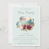 Blauwgroen gouden bloemen Teacup Housewarming Tea Kaart (Voorkant)