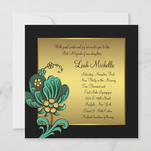 Blauwgroen gouden bloemen zwart gouden vleermuis m kaart (Achterkant)