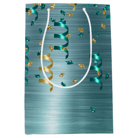 Blauwgroen gouden Confetti verjaardag Medium Cadeauzakje (Voorkant)