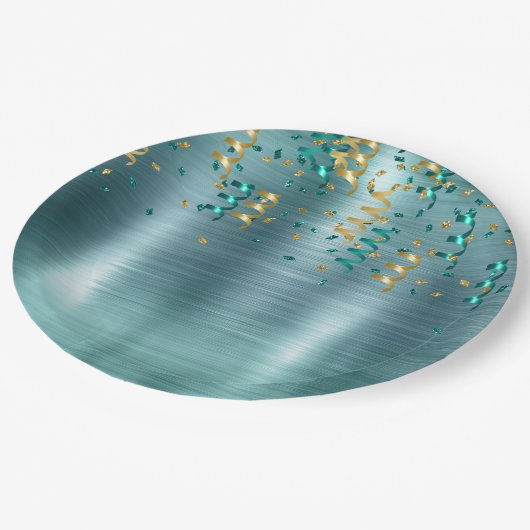 Blauwgroen gouden Confetti verjaardag Papieren Bordje (Gekanteld)