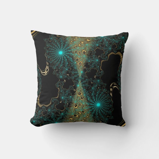 Blauwgroen & Gouden Contrast Fractal Web Swirl Kussen (Voorkant)