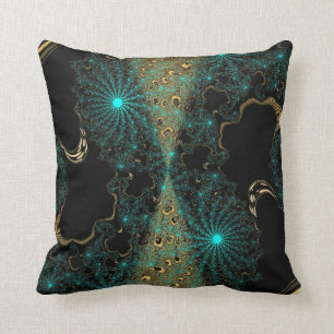 Blauwgroen & Gouden Contrast Fractal Web Swirl Kussen