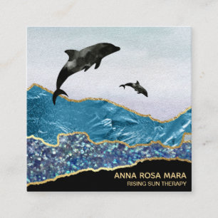 *~* Blauwgroen gouden dolfijnen Gold Glitter Black Vierkante Visitekaartje