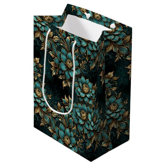 Blauwgroen & Gouden Donkere Grunge Bloemen Medium Cadeauzakje (Voorkant Gekanteld)