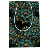Blauwgroen & Gouden Donkere Grunge Bloemen Medium Cadeauzakje (Voorkant)