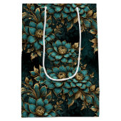 Blauwgroen & Gouden Donkere Grunge Bloemen Medium Cadeauzakje (Achterkant)
