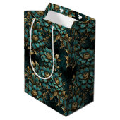 Blauwgroen & Gouden Donkere Grunge Bloemen Medium Cadeauzakje (Achterkant Gekanteld)