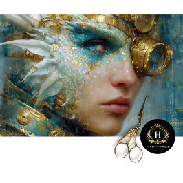 Blauwgroen Gouden Draak Vrouw Steampunk Decoupage  Tissuepapier