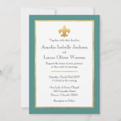 Blauwgroen & gouden Fleur de Lis huwelijksuitnodig Kaart (Voorkant)