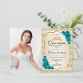 Blauwgroen gouden foto Elegant Quinceanera Kaart (Staand voorkant)