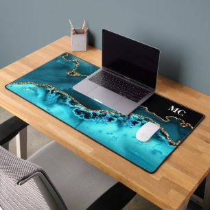 Blauwgroen & gouden Glitter Agaat met Monogram Bureaumat