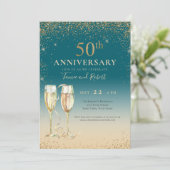 Blauwgroen Gouden Glitter Champagne 50ste Jubileum Kaart (Staand voorkant)