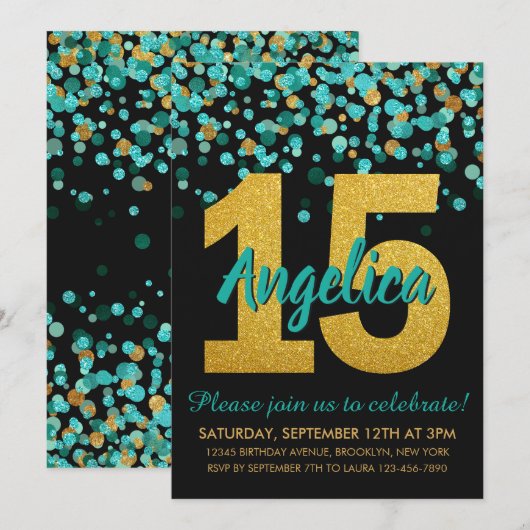 Blauwgroen Gouden Glitter Confetti Quinceañera 15 Kaart (Voorkant / Achterkant)
