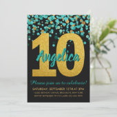 Blauwgroen gouden glitter Confetti zwart 10e verja Kaart (Staand voorkant)