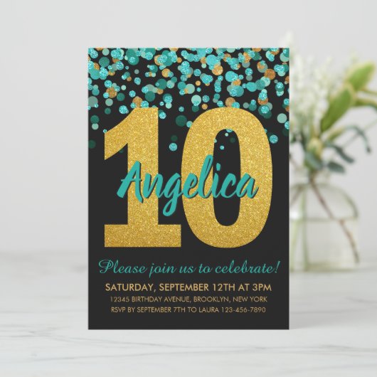 Blauwgroen gouden glitter Confetti zwart 10e verja Kaart (Staand voorkant)