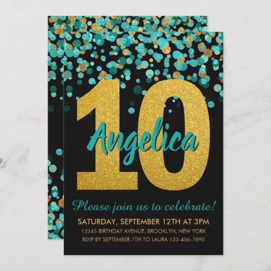 Blauwgroen gouden glitter Confetti zwart 10e verja Kaart (Voorkant / Achterkant)