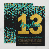 Blauwgroen Gouden Glitter Confetti Zwart 13e Verja Kaart (Voorkant / Achterkant)