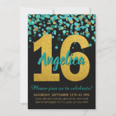 Blauwgroen Gouden Glitter Confetti Zwart Sweet 16  Kaart (Voorkant)