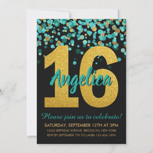 Blauwgroen Gouden Glitter Confetti Zwart Sweet 16  Kaart (Voorkant)
