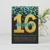 Blauwgroen Gouden Glitter Confetti Zwart Sweet 16  Kaart (Staand voorkant)