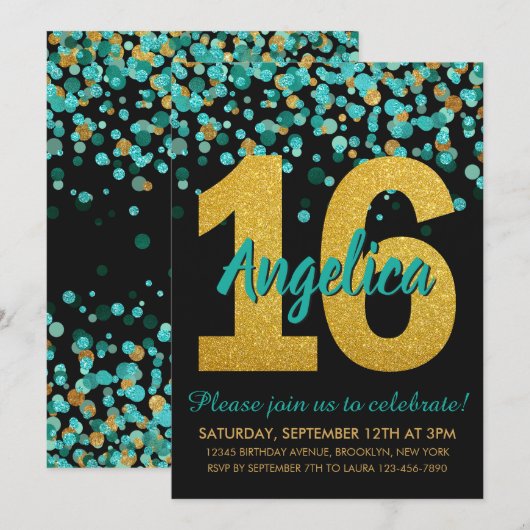 Blauwgroen Gouden Glitter Confetti Zwart Sweet 16  Kaart (Voorkant / Achterkant)