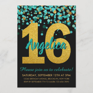 Blauwgroen Gouden Glitter Confetti Zwart Sweet 16  Kaart