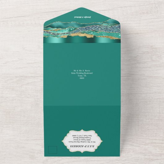 Blauwgroen gouden glitter marmeren agaat elegante  all in one uitnodiging (Buitenkant)