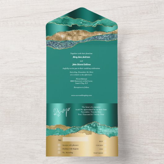 Blauwgroen gouden glitter marmeren agaat elegante all in one uitnodiging (Binnen)