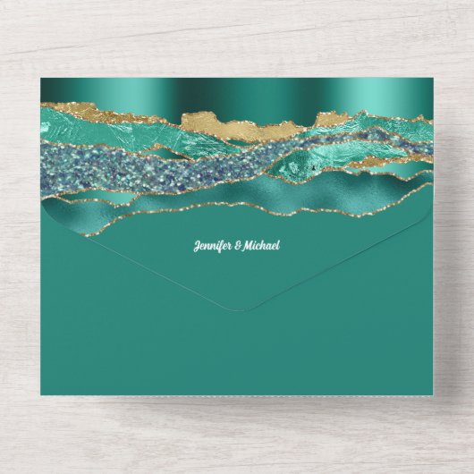 Blauwgroen gouden glitter marmeren agaat elegante all in one uitnodiging (Achterkant)