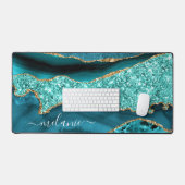 Blauwgroen Gouden Glitter Marmeren Bureaumat met A (Keyboard & Muis)