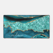 Blauwgroen Gouden Glitter Marmeren Bureaumat met A (Voorkant)