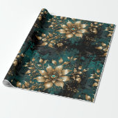 Blauwgroen & gouden grunge bloemen cadeaupapier (Uitgerold)