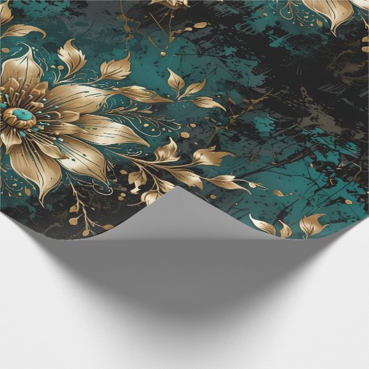 Blauwgroen & gouden grunge bloemen cadeaupapier (Hoek)