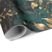 Blauwgroen & gouden grunge bloemen cadeaupapier (Rol Hoek)