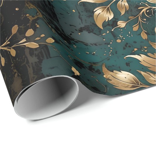 Blauwgroen & gouden grunge bloemen cadeaupapier (Rol Hoek)