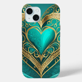 Blauwgroen gouden hart iPhone 15 case