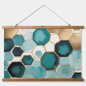 Blauwgroen & Gouden Honingraat Grunge Waterverf Hangend Wandkleed (Voorkant)