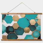 Blauwgroen & Gouden Honingraat Grunge Waterverf Hangend Wandkleed (Voorkant 3)