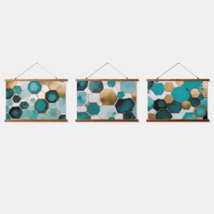 Blauwgroen & Gouden Honingraat Grunge Waterverf Hangend Wandkleed