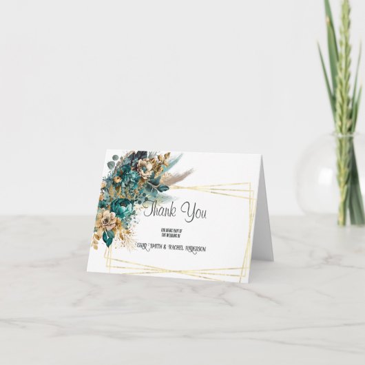 Blauwgroen & Gouden Huwelijk Bedankkaart (Voorkant)