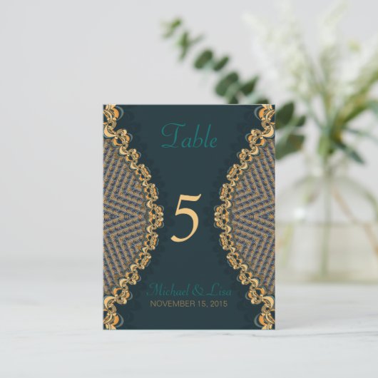 Blauwgroen + Gouden Kant Gast Tafel Nummer & Menu (Staand voorkant)