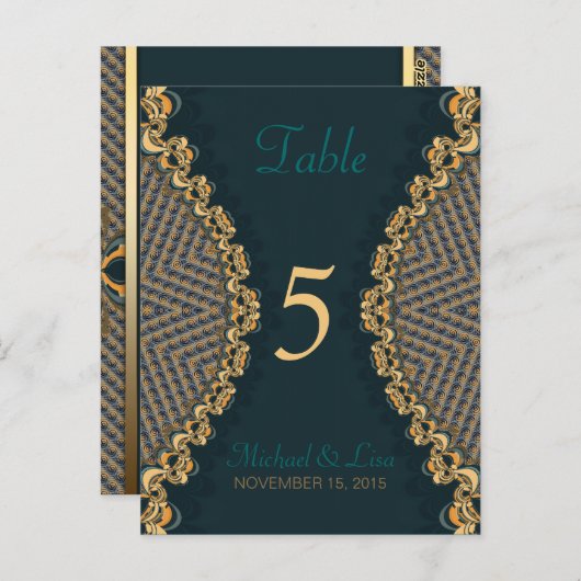 Blauwgroen + Gouden Kant Gast Tafel Nummer & Menu (Voorkant / Achterkant)